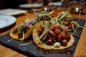 ai généré mexicain tacos avec bœuf, tomates, oignons et autres sur blanc Contexte photo