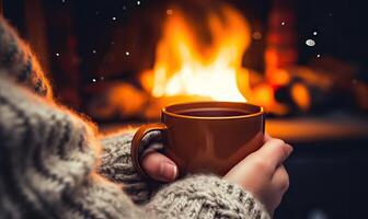 ai généré agresser de chaud Chocolat ou café par le Noël cheminée. femme se détend par chaud Feu avec une tasse de photo