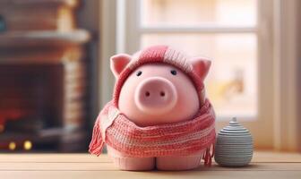 ai généré une porcin banque argent boîte enveloppé en haut chaud avec une foulard. hiver saison chauffage factures, chaleur économie, photo