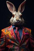 ai généré lapin habillé dans un élégant multicolore costume avec une agréable cravate. mode portrait de un photo