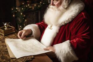 ai généré fermer portrait de souriant Père Noël claus est assis à le table et écrit une lettre à le enfants, photo