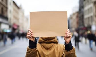 ai généré manifestants sur le rue en portant Vide papier carton bannière signe. global la grève pour changement, une politique photo