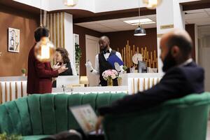 groom remplissage dans enregistrement des dossiers pour homme d'affaire en arrivant à Hôtel station balnéaire, recevoir luxe la conciergerie prestations de service. africain américain employé assurer relaxant rester pour invité. photo