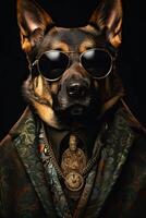 ai généré chien, allemand berger, habillé dans une moderne costume avec veste. mode portrait de un anthropomorphe photo