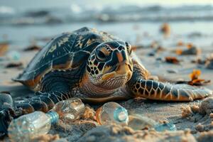 ai généré tortue diverse plastiques à la recherche avec une juger affronter. mer la pollution et contamination concept. génératif ai. photo