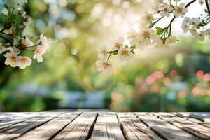 ai généré vide en bois table dans printemps saison avec jardin bokeh Contexte . ai généré illustration photo