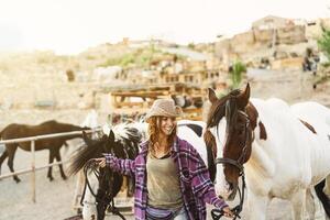 Jeune souriant agriculteur prise se soucier de les chevaux à l'intérieur ranch stable photo