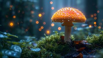 ai généré magique champignon dans fantaisie enchanté Fée conte forêt. photo