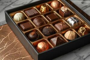 ai généré un gentil Chocolat boîte, or enveloppé sélection de des chocolats dans une boîte photo