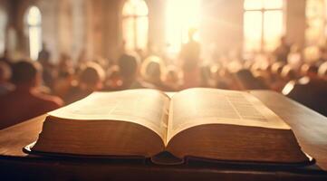 ai généré un ouvert Bible repose sur une table à une église photo