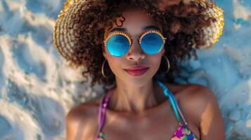 ai généré une vibrant et joyeux amateur de plage, habillé dans coloré tenue avec des lunettes de soleil et une plage chapeau photo