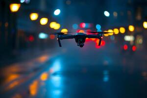 ai généré copter drone en volant faible plus de rue à nuit photo