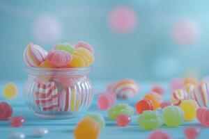 ai généré coloré des sucreries et bonbons sur bleu Contexte photo