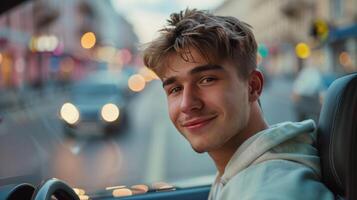 ai généré une Jeune Beau gars est assis derrière le roue de une des sports voiture et regards à le caméra, souriant photo