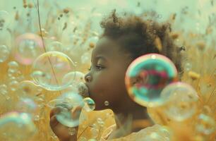 ai généré enfant soufflant bulles dans herbeux champ photo