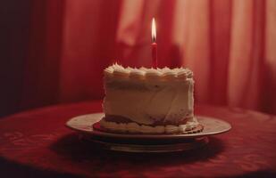 ai généré une anniversaire gâteau et bougie, avec une anniversaire message sur une rouge arrière-plan, lumière rouge et cramoisi photo