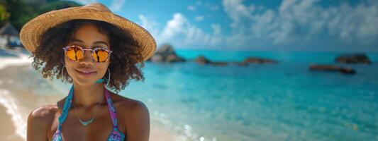 ai généré une vibrant et joyeux amateur de plage, habillé dans coloré tenue avec des lunettes de soleil et une plage chapeau photo