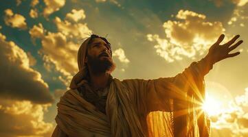 ai généré Jésus est permanent avec le sien main pleinement tendu avec le Soleil réfléchi derrière le ciel photo