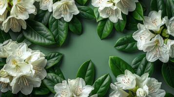 ai généré abstrait magnifique minimaliste Contexte vide dans le centre et avec blanc rhododendron fleurs photo