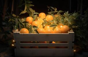 ai généré Caisse avec blanc mandarines séance sur Haut photo