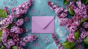 ai généré un vide violet enveloppe avec printemps lilas fleurs contre bleu. photo