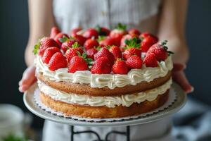 ai généré une femme en portant une fraise gâteau sur une gâteau supporter photo