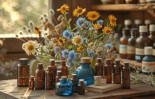 ai généré une table avec divers essentiel huiles autour il, marron et bleu, naturaliste paramètres, floral, vieux en temps opportun, drogue photo