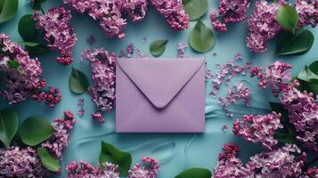 ai généré un vide violet enveloppe avec printemps lilas fleurs contre bleu. photo