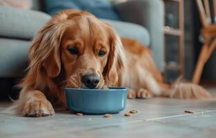 ai généré chien en mangeant nourriture dans bleu bol photo