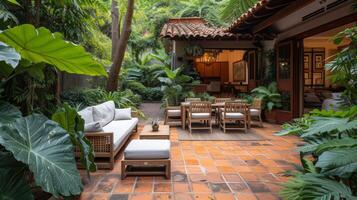 ai généré charmant Extérieur patio avec confortable sièges et luxuriant verdure, idéal pour en plein air à manger et relaxation photo