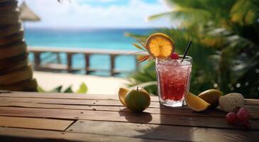 ai généré une boisson est séance sur une en bois plate-forme avec une tropical mer et paume des arbres photo