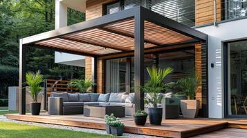 ai généré magnifique moderne terrasse avec en bois pergola et mis en pot les plantes photo