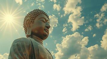 ai généré d'or Bouddha statue dans le des nuages sur le gauche. minimaliste ciel Contexte avec Soleil des rayons photo