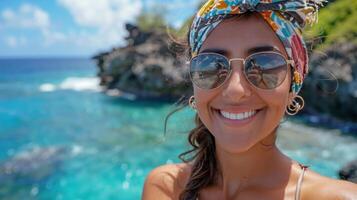 ai généré radiant plage selfie de souriant femme avec des lunettes de soleil photo