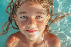 ai généré peu fille sur le plage avec une coup de soleil sur photo