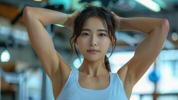 ai généré en forme femme dans Gym souriant photo