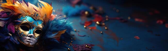 ai généré carnaval masque et coloré plumes sur une bleu Contexte photo
