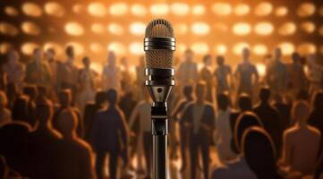 ai généré microphone dans de face de le caméra dans une gros groupe de gens dans une théâtre photo