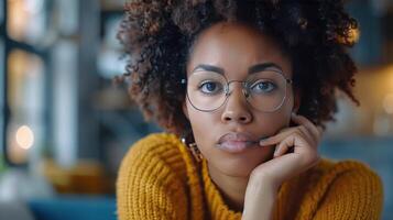 ai généré pensif Jeune femme avec des lunettes photo