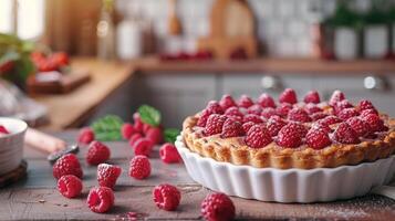 ai généré tarte avec framboises sur une en bois rustique table photo