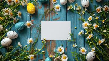 ai généré une blanc Vide carré papier feuille mensonges sur une Contexte de bleu planches photo