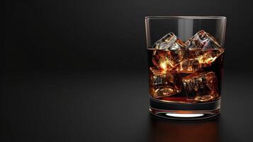 ai généré une verre avec whisky et la glace cubes des stands sur une minimaliste noir Contexte sur le la gauche photo