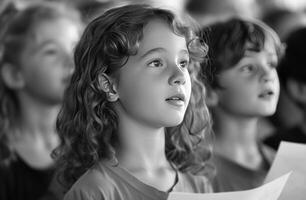 ai généré les enfants chanter tandis que en portant une blanc pièce de papier photo