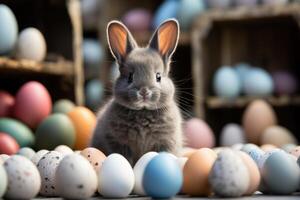 ai généré une gris lapin est permanent dans de face de coloré des œufs photo