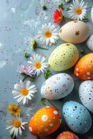 ai généré minimaliste brillant Pâques Contexte avec coloré des œufs et fleurs et beaucoup de espace pour texte photo