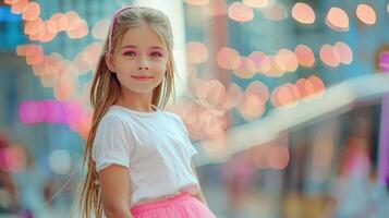 ai généré une Jeune fille dans une brillant rose jupe et une blanc T-shirt avec brillant rose maquillage et haute blanc baskets des stands souriant photo