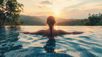 ai généré une femme profiter le vue tandis que relaxant dans un infini nager bassin photo