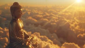 ai généré d'or Bouddha statue dans le des nuages sur le gauche. minimaliste ciel Contexte avec Soleil des rayons photo