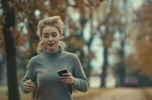 ai généré une Jeune femme est fonctionnement avec sa téléphone dans une parc photo