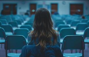 ai généré Quelqu'un est séance près une rangée de chaises photo